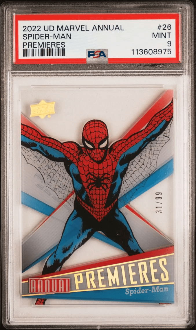 2022 #26 Spider-Man PSA 9 Upper Deck Marvel Annual Premieres Achievements Market Comparable